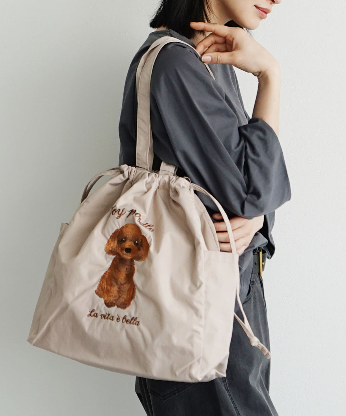 アニマル刺繍巾着トートバッグ