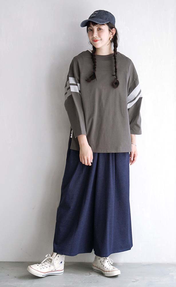 色落ちしにくい カットソーデニム ワイドパンツ
