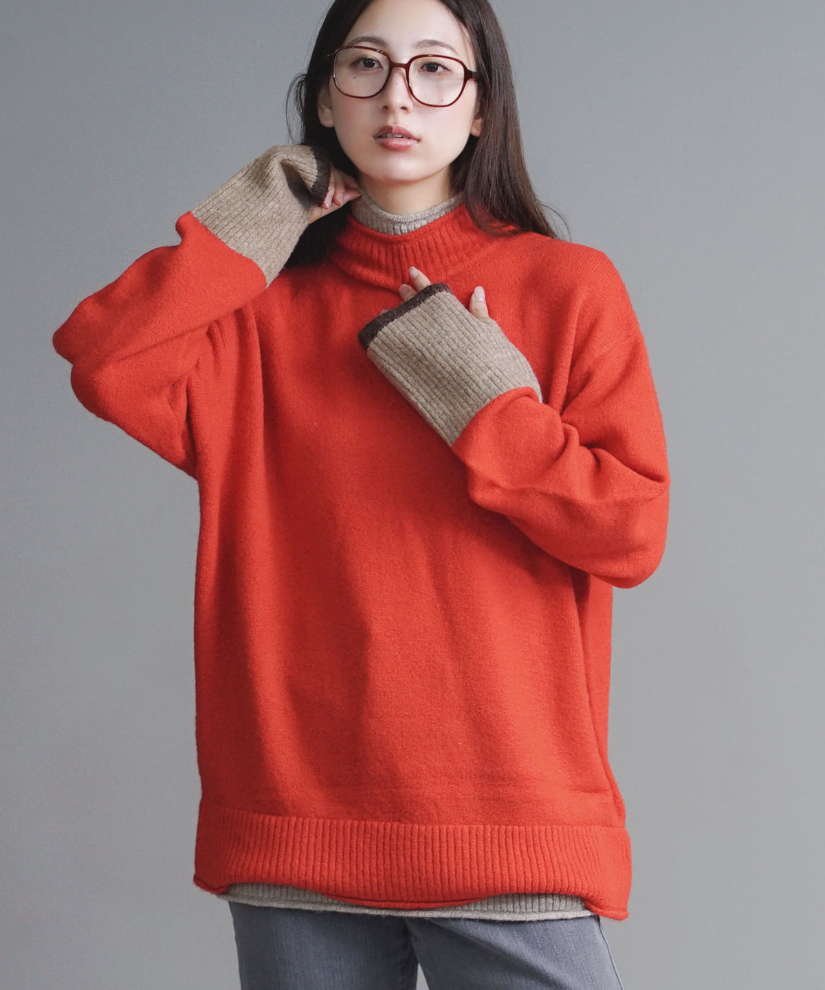 レイヤード風配色 ハイネックニットプルオーバー