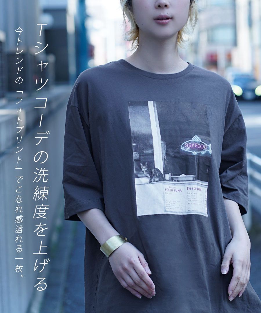 オークール フォトプリントオーバーTEE［ネオンキャット］