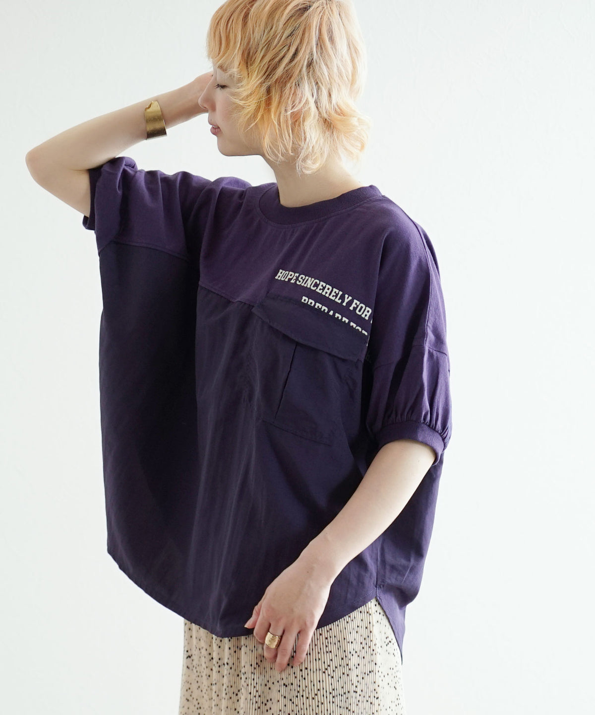 異素材切り替え フラップポケット ドルマンTシャツ