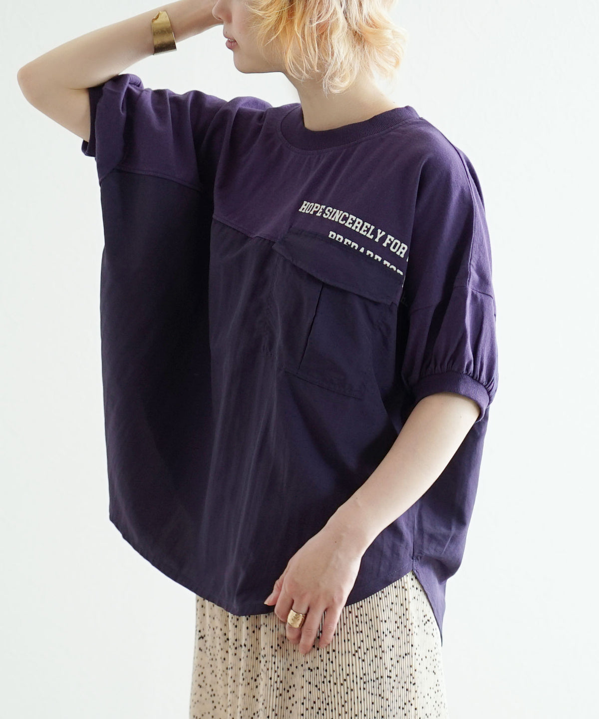 異素材切り替え フラップポケット ドルマンTシャツ