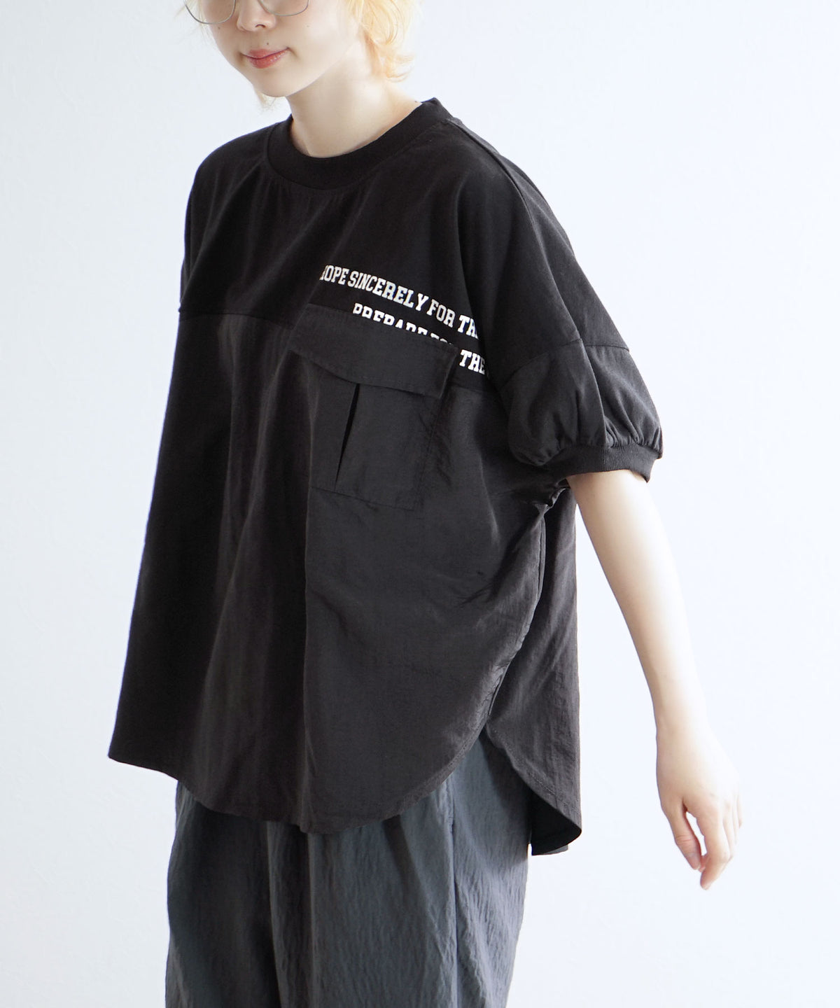 異素材切り替え フラップポケット ドルマンTシャツ