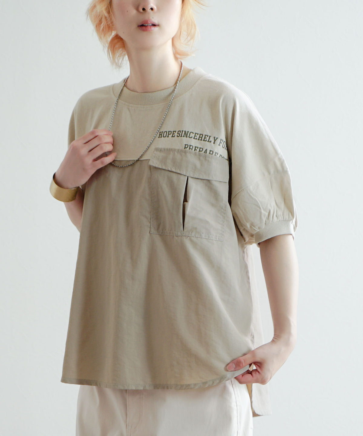 異素材切り替え フラップポケット ドルマンTシャツ