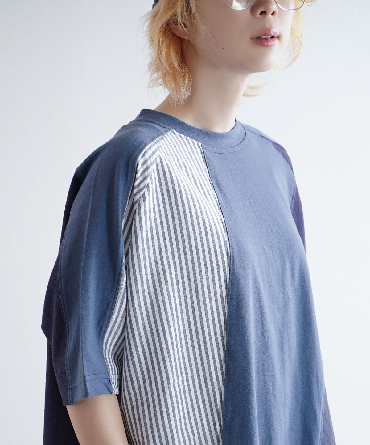 異素材パッチワーク ストライプ ビッグTシャツ