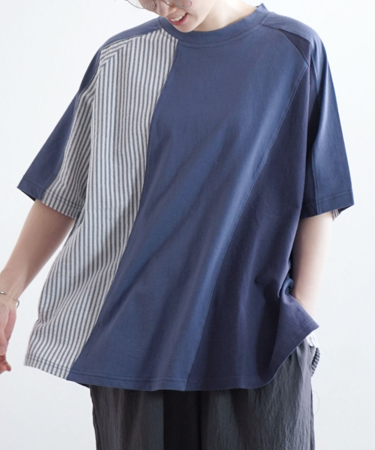 異素材パッチワーク ストライプ ビッグTシャツ