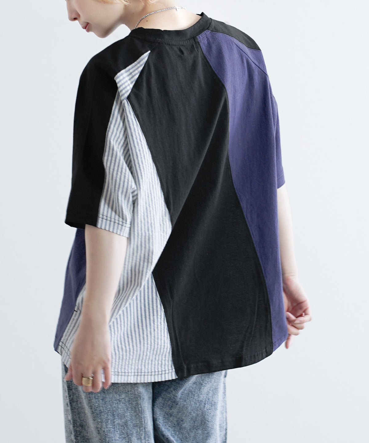 異素材パッチワーク ストライプ ビッグTシャツ