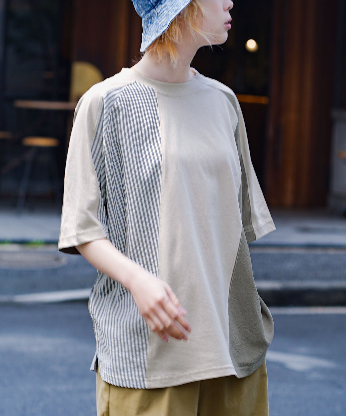 異素材パッチワーク ストライプ ビッグTシャツ
