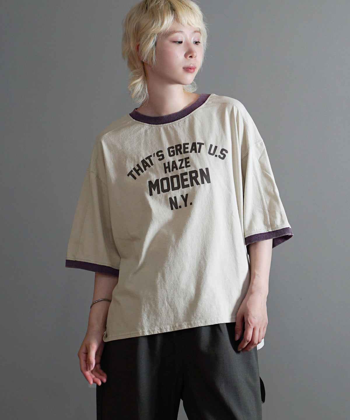 ヴィンテージライク 配色リンガーロゴTシャツ
