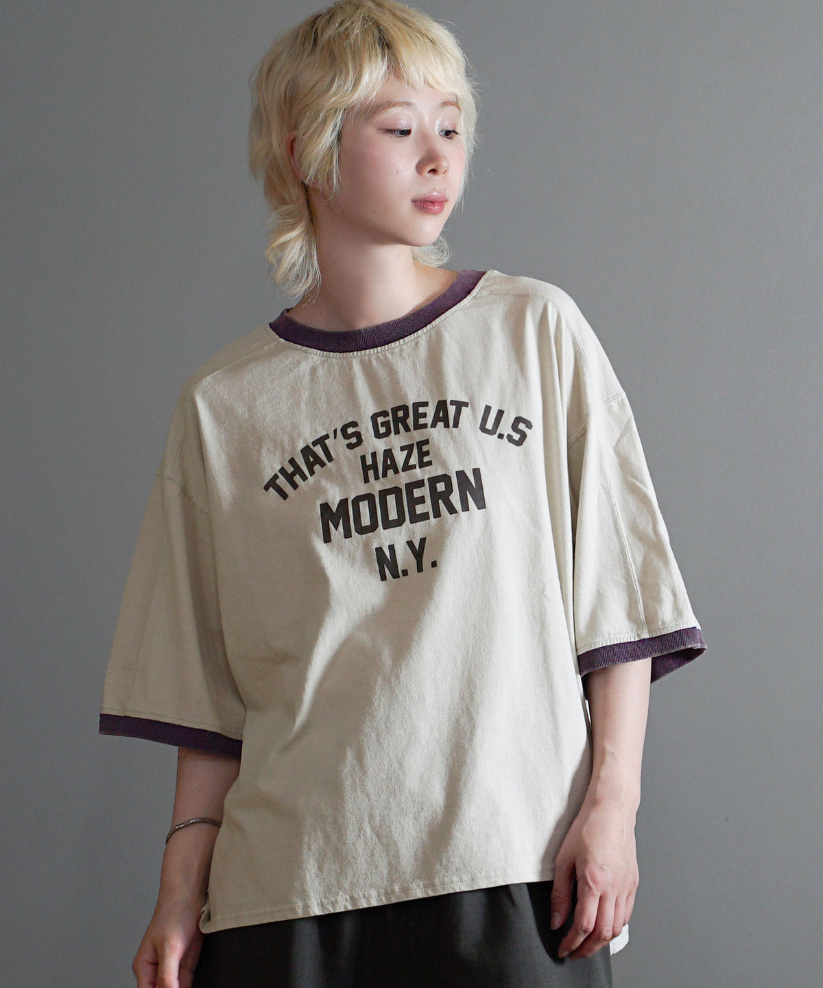 ヴィンテージライク 配色リンガーロゴTシャツ
