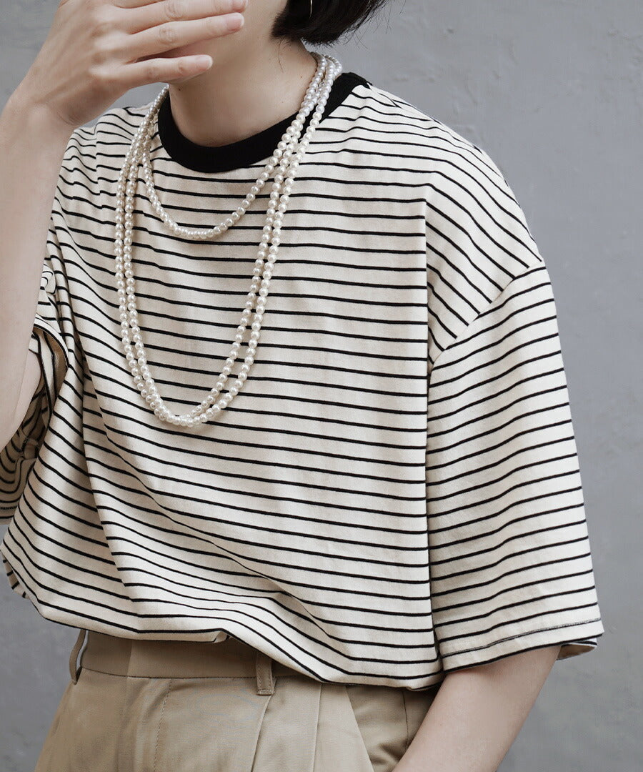 クルーネック ボーダーワイドTシャツ