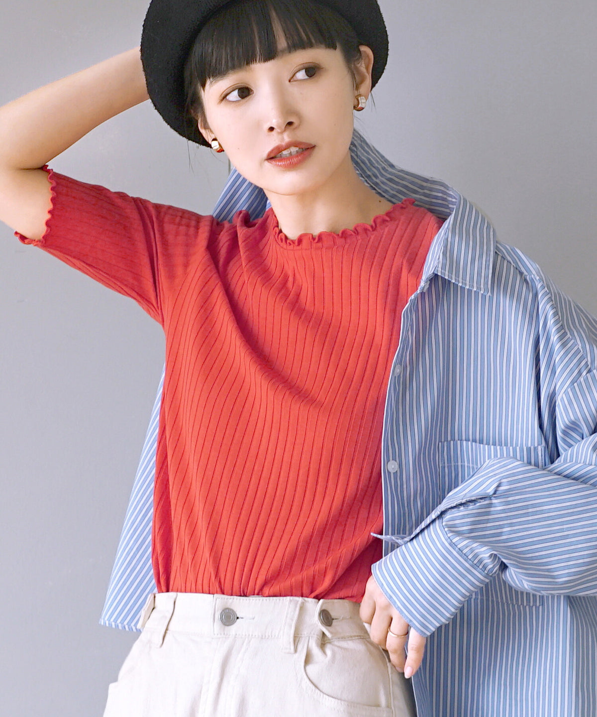 ハーフスリーブ リブカットソー