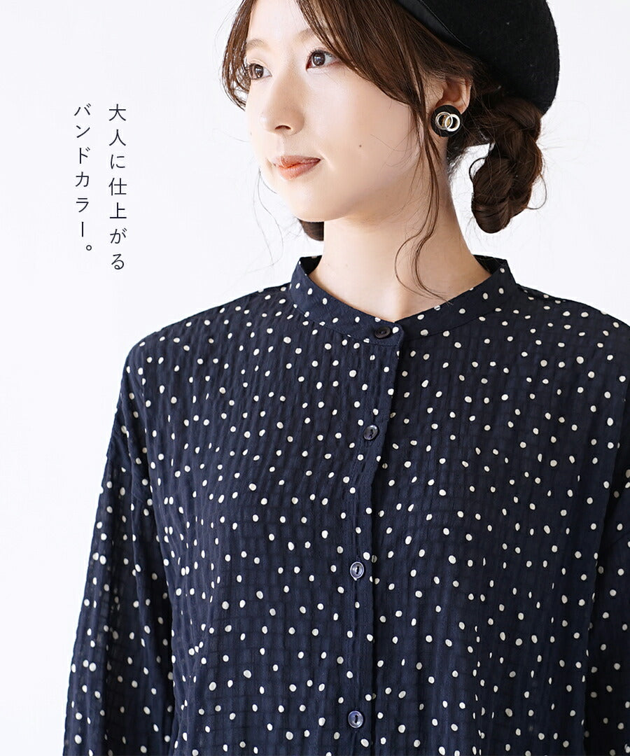 サッカー素材 ドット柄ブラウス［ロングスリーブ］