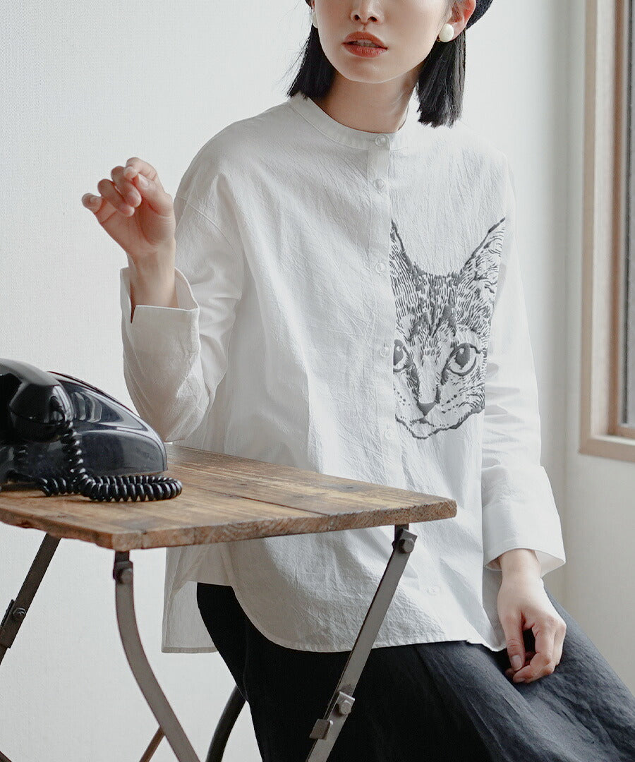 キャットフェイス 刺繍風プリントシャツ
