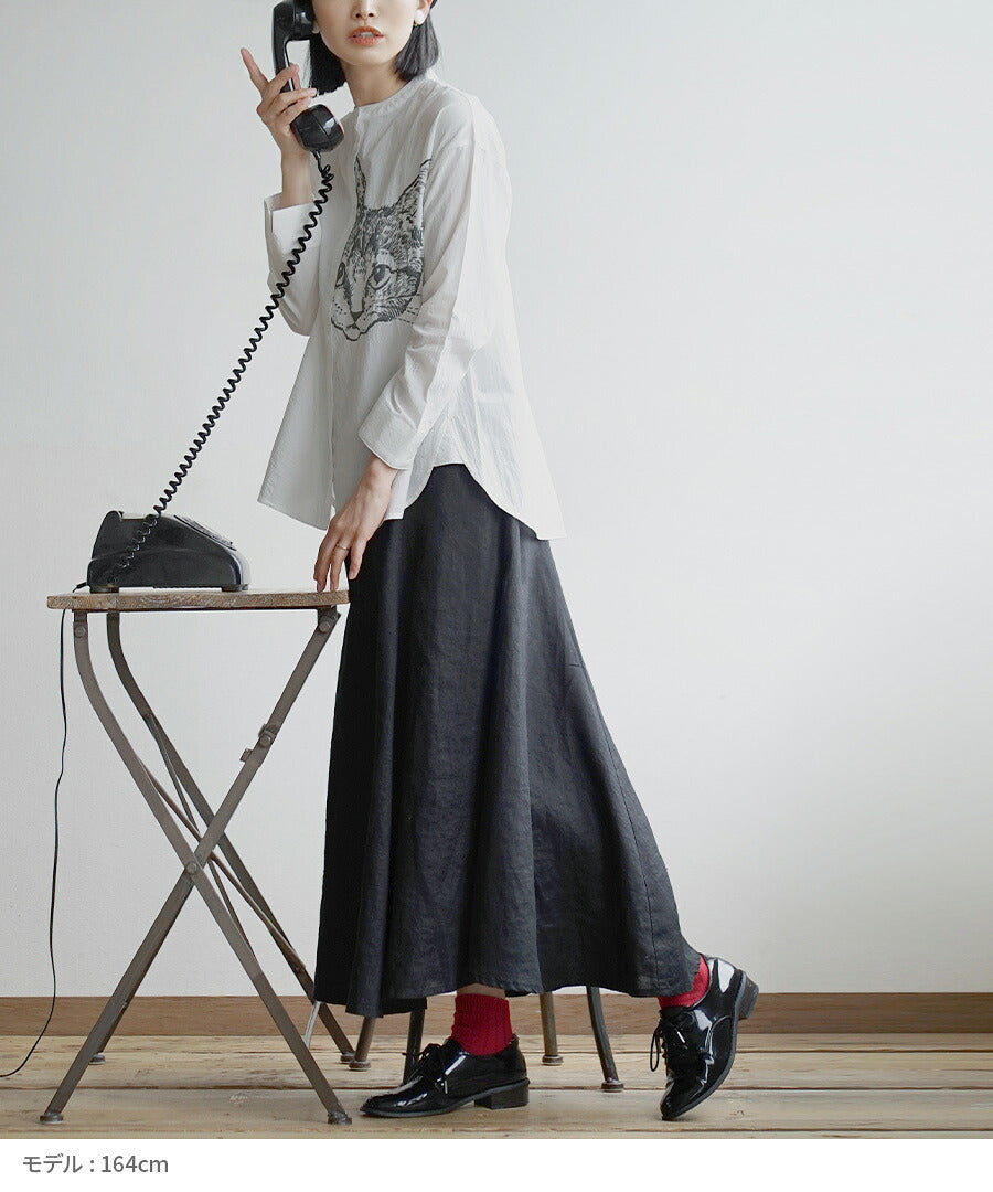 キャットフェイス 刺繍風プリントシャツ