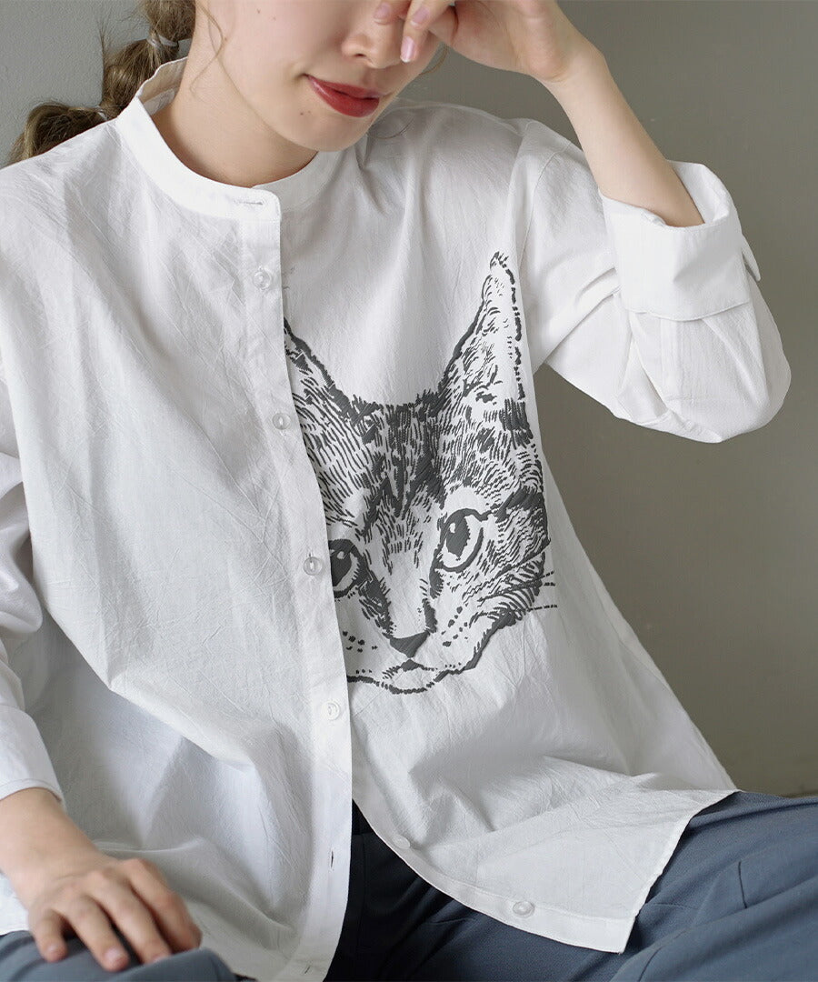 キャットフェイス 刺繍風プリントシャツ