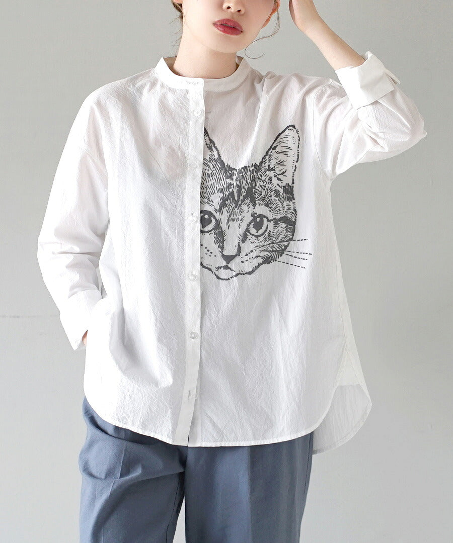 キャットフェイス 刺繍風プリントシャツ