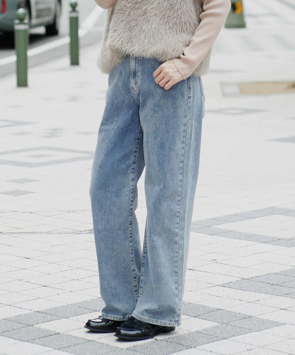 こっそりウエストゴム 裏起毛ストレッチデニムパンツ［ストレート］