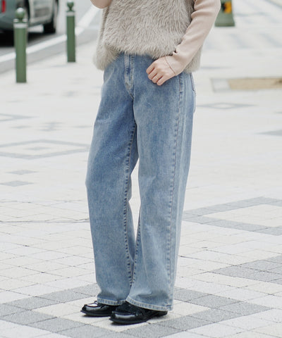 こっそりウエストゴム 裏起毛ストレッチデニムパンツ［ストレート］
