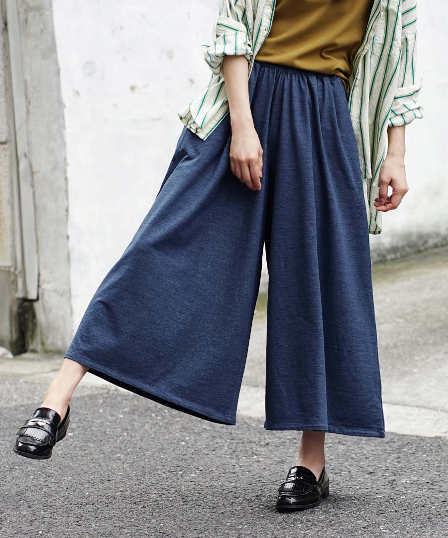 色落ちしにくい カットソーデニム ワイドパンツ